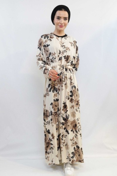 Moda Çizgi Gül Desenli Elbise MC4101 Bej - Thumbnail