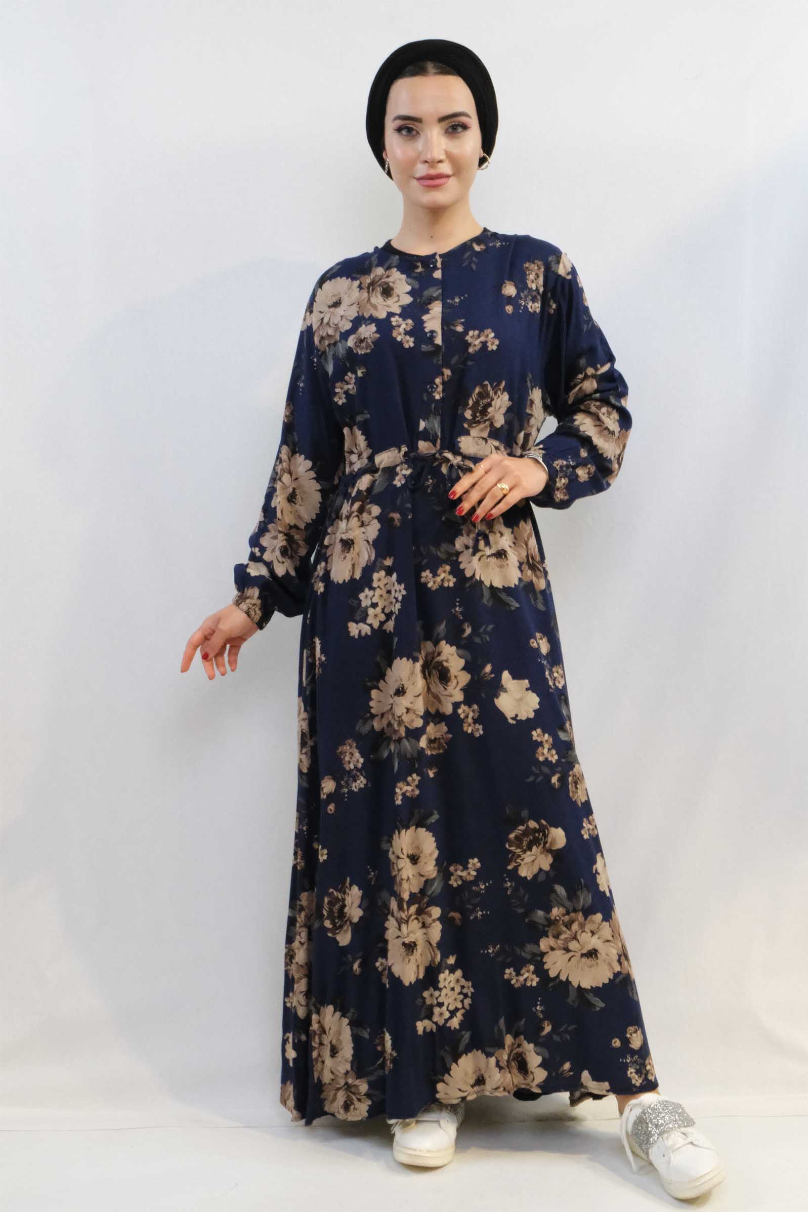 Moda Çizgi Gül Desenli Elbise MC4101 Lacivert - XXXL | LACİVERT