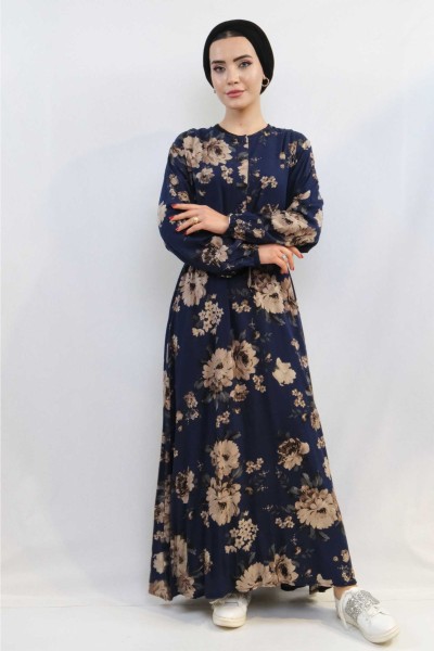 Moda Çizgi Gül Desenli Elbise MC4101 Lacivert - Thumbnail