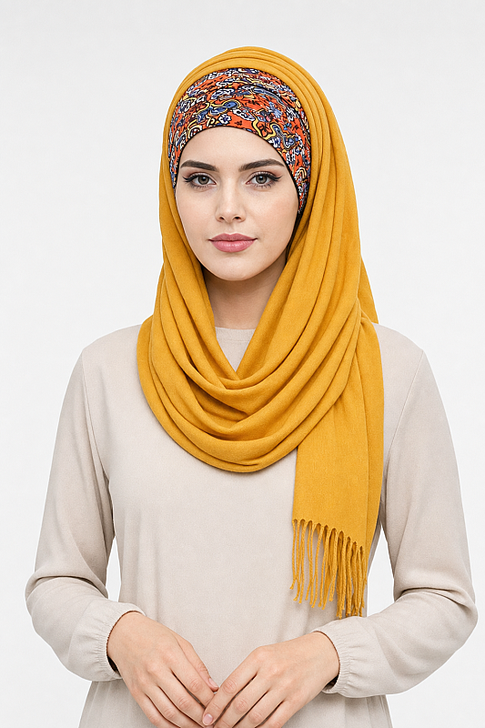 Hardal Etnik Desen Bandana Hazır Şal - 1