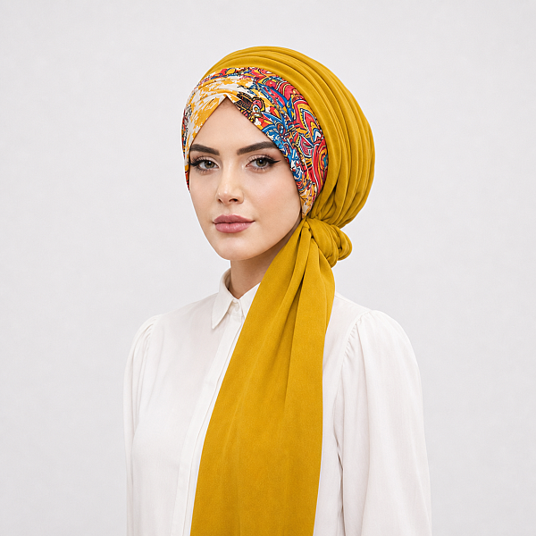 Hardal Etnik Desen Büzgülü Hazır Şal - 2