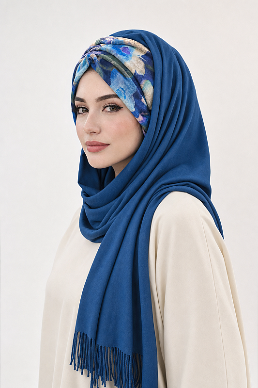 İndigo Çiçek Desen Büzgülü Hazır Şal - 2