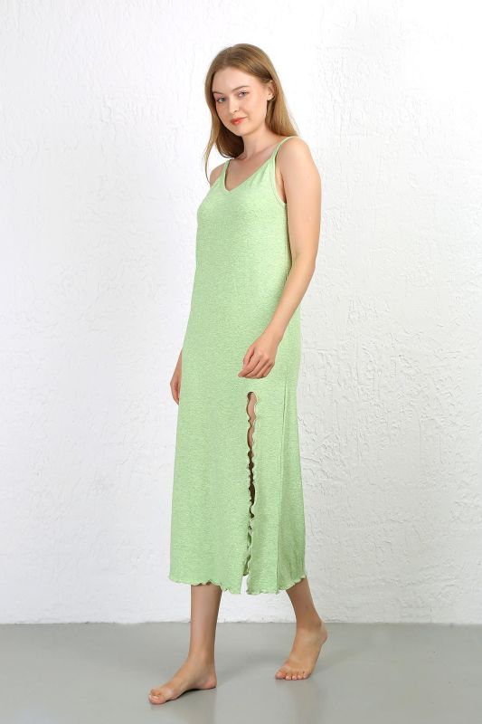 Moda Çizgi İp Askılı Uzun Yırtmaçlı Penye Gecelik 90125 Fıstık Yeşili - 5