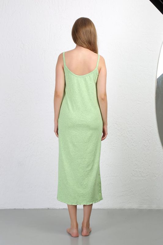 Moda Çizgi İp Askılı Uzun Yırtmaçlı Penye Gecelik 90125 Fıstık Yeşili - 6