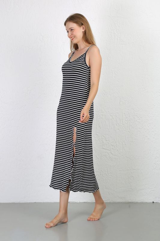 Moda Çizgi İp Askılı Uzun Yırtmaçlı Penye Gecelik 90127 - 4