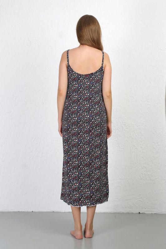 Moda Çizgi İp Askılı Uzun Yırtmaçlı Penye Gecelik 90129 Lacivert - 6