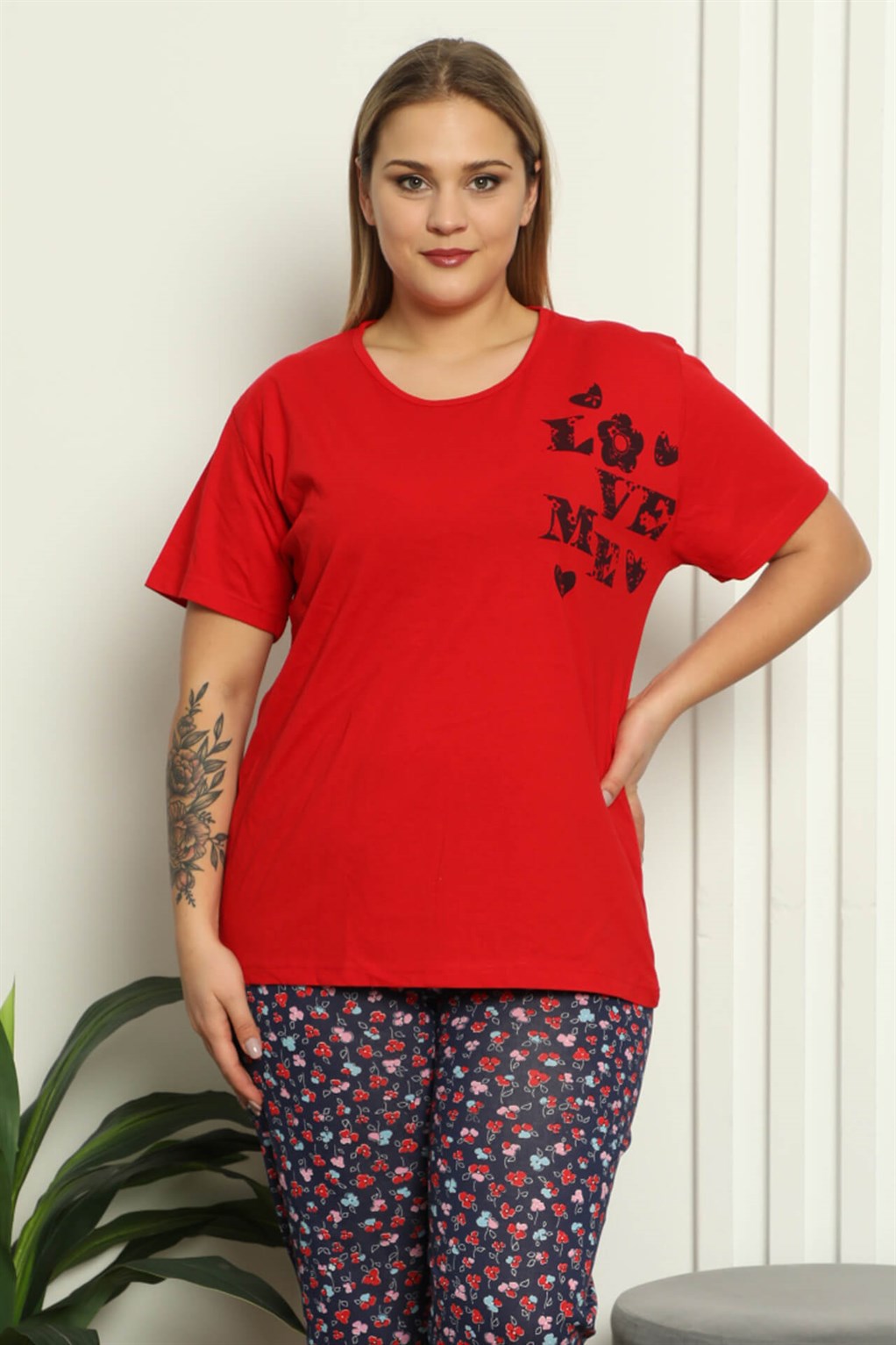 Moda Çizgi Kadın %100 Pamuk Kısa Kol Büyük Beden Pijama Takım 202144 - 2XL | Kırmızı