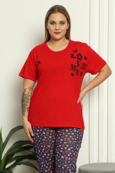 Moda Çizgi - Moda Çizgi Kadın %100 Pamuk Kısa Kol Büyük Beden Pijama Takım 202144