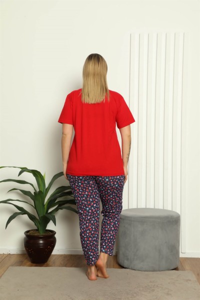 Moda Çizgi Kadın %100 Pamuk Kısa Kol Büyük Beden Pijama Takım 202144 - Thumbnail
