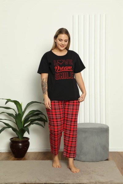 moda çizgi Kadın %100 Pamuk Kısa Kol Büyük Beden Pijama Takım 202145 - Thumbnail