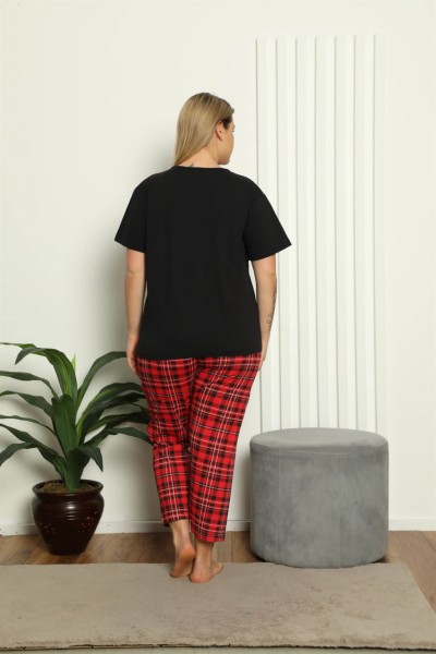 moda çizgi Kadın %100 Pamuk Kısa Kol Büyük Beden Pijama Takım 202145 - Thumbnail