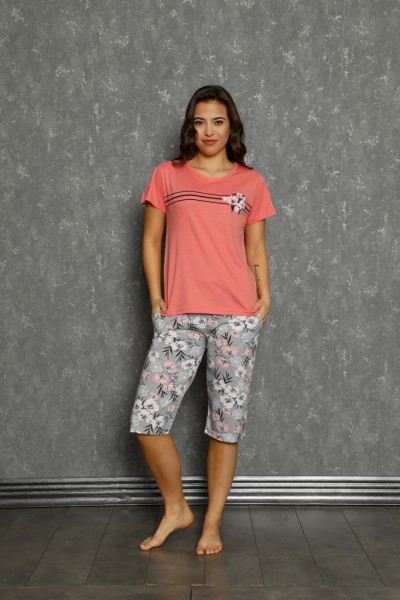 moda çizgi Kadın %100 Pamuk Penye Kısa Kol Kapri Pijama Takım 3566 - Thumbnail