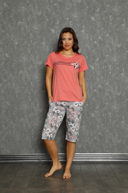 moda çizgi Kadın %100 Pamuk Penye Kısa Kol Kapri Pijama Takım 3566 - 2