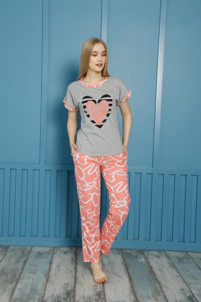 moda çizgi Kadın %100 Pamuk Penye Kısa Kol Pijama Takım 3454 - Thumbnail