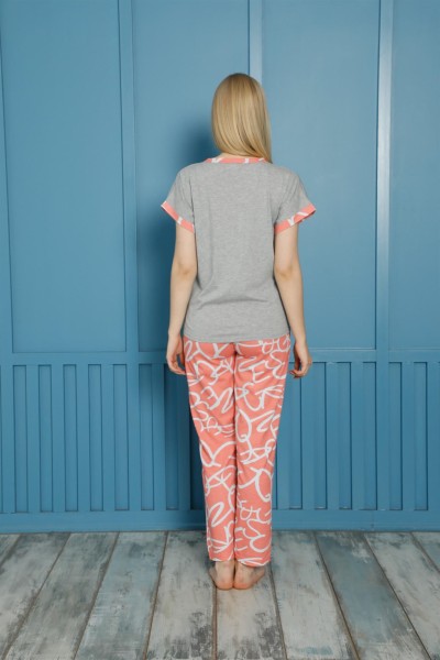 moda çizgi Kadın %100 Pamuk Penye Kısa Kol Pijama Takım 3454 - Thumbnail