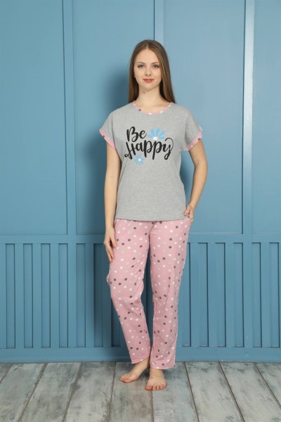 moda çizgi Kadın %100 Pamuk Penye Kısa Kol Pijama Takım 3460 - Thumbnail