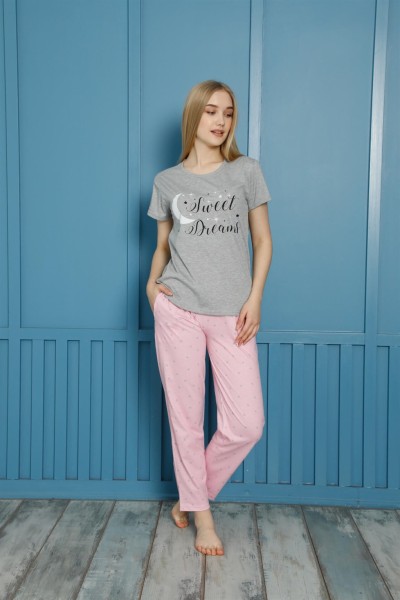 moda çizgi Kadın %100 Pamuk Penye Kısa Kol Pijama Takım 3462 - Thumbnail