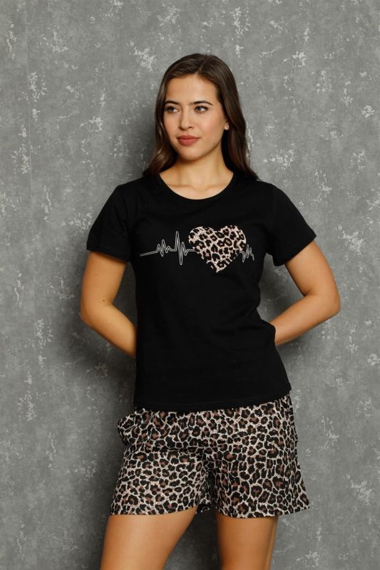 moda çizgi Kadın %100 Pamuk Penye Kısa Kol Şortlu Pijama Takım 3569 - 1