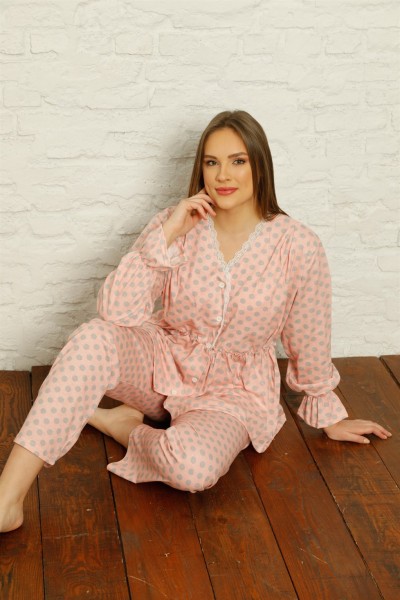 moda çizgi Kadın %100 Pamuk Penye Pileli Pijama Takım 17100 - Thumbnail