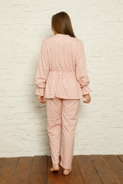 moda çizgi Kadın %100 Pamuk Penye Pileli Pijama Takım 17100 - Thumbnail