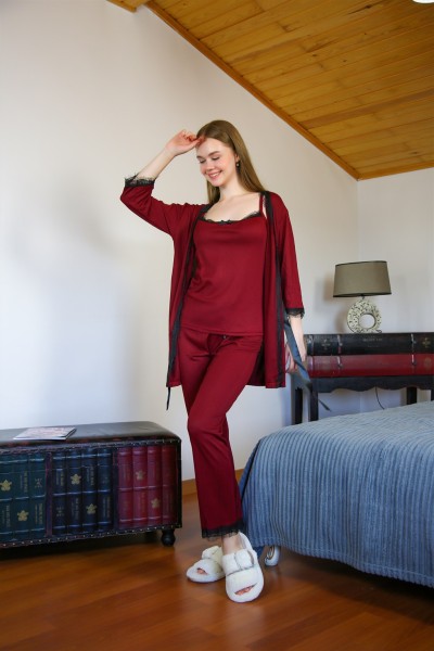 moda çizgi Kadın 3'lü Sabahlık Pijama Takım 20595 - Thumbnail