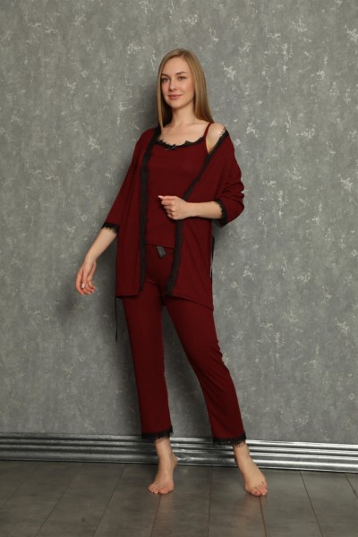moda çizgi Kadın 3'lü Sabahlık Pijama Takım 20595 - Thumbnail