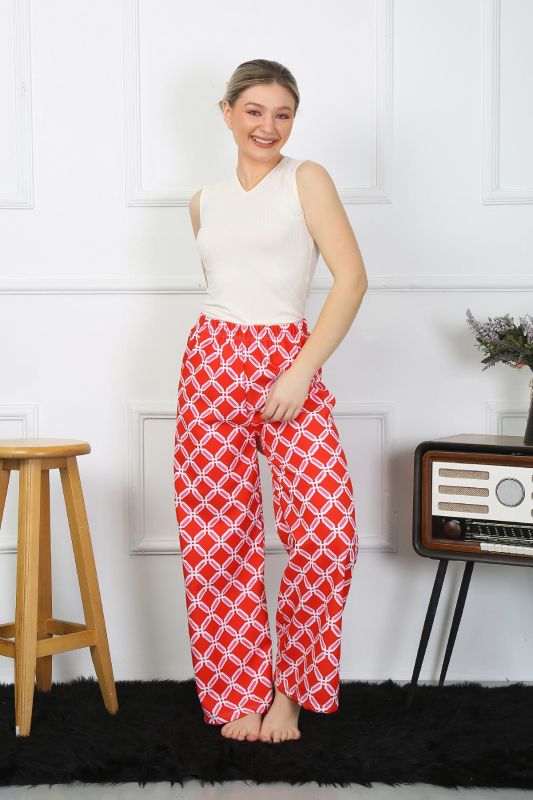 Moda Çizgi Kadın Bol Paça Penye Kırmızı Alt Üst Takım 5501 - 2