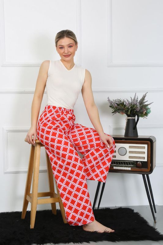 Moda Çizgi Kadın Bol Paça Penye Kırmızı Alt Üst Takım 5501 - 3