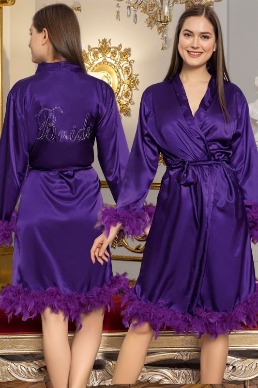 moda çizgi Kadın Bride Saten Tüylü Sabahlık 3008 - 1