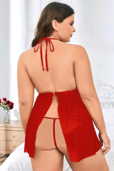 Moda Çizgi Kadın Büyük Beden Fantezi Gecelik Kırmızı B2027 - Thumbnail