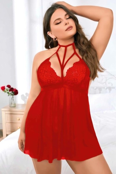 Moda Çizgi Kadın Büyük Beden Fantezi Gecelik Kırmızı B2027 - Thumbnail