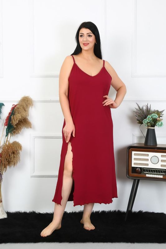 Moda Çizgi Kadın Büyük Beden İp Askılı Pamuklu Bordo Uzun Gecelik 12100 - 1