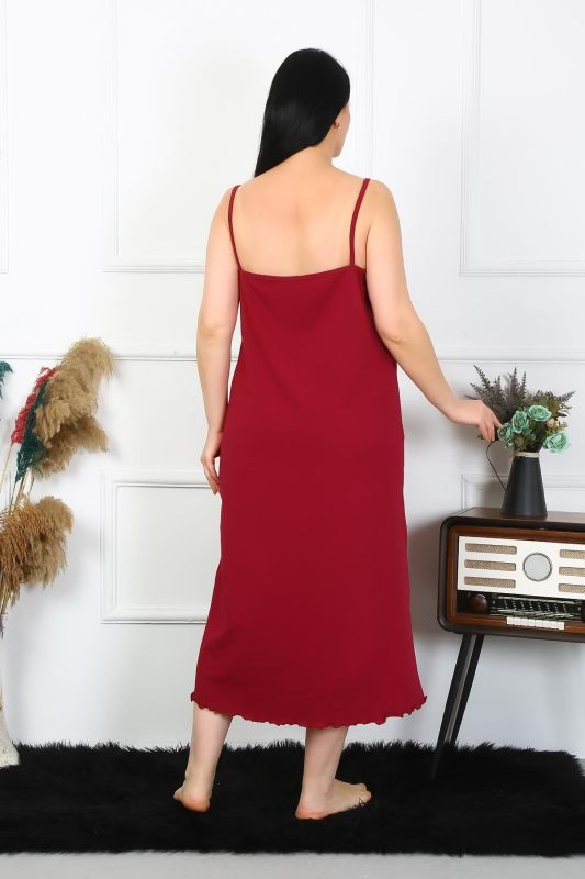 Moda Çizgi Kadın Büyük Beden İp Askılı Pamuklu Bordo Uzun Gecelik 12100 - 2