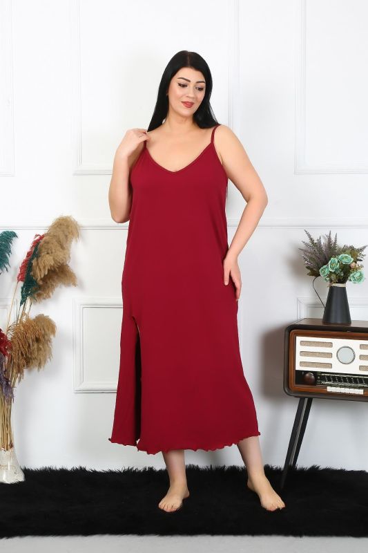 Moda Çizgi Kadın Büyük Beden İp Askılı Pamuklu Bordo Uzun Gecelik 12100 - 3