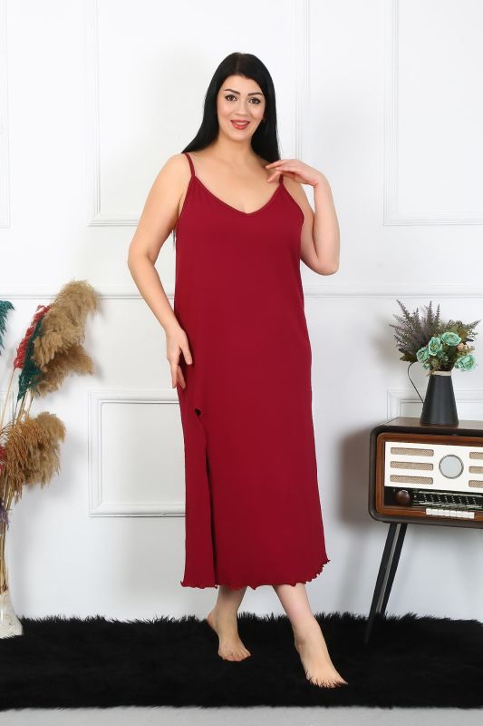 Moda Çizgi Kadın Büyük Beden İp Askılı Pamuklu Bordo Uzun Gecelik 12100 - 4