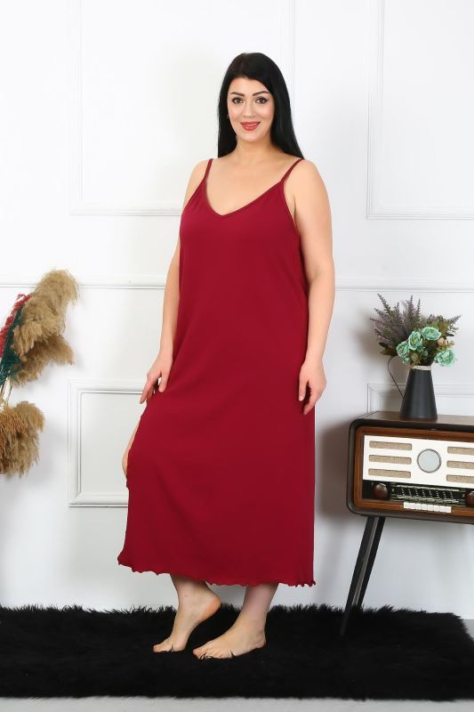 Moda Çizgi Kadın Büyük Beden İp Askılı Pamuklu Bordo Uzun Gecelik 12100 - 5