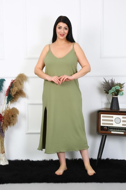 Moda Çizgi Kadın Büyük Beden İp Askılı Pamuklu Haki Uzun Gecelik 12100 - 1