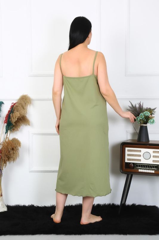Moda Çizgi Kadın Büyük Beden İp Askılı Pamuklu Haki Uzun Gecelik 12100 - 3
