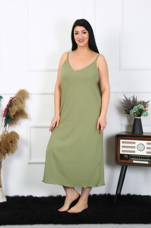 Moda Çizgi Kadın Büyük Beden İp Askılı Pamuklu Haki Uzun Gecelik 12100 - 5