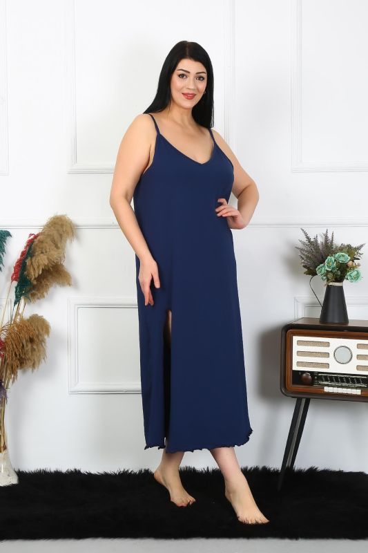 Moda Çizgi Kadın Büyük Beden İp Askılı Pamuklu Lacivert Uzun Gecelik 12100 - 1