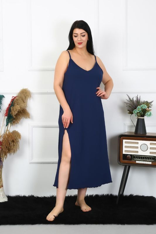 Moda Çizgi Kadın Büyük Beden İp Askılı Pamuklu Lacivert Uzun Gecelik 12100 - 3