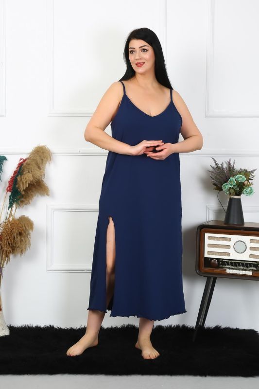 Moda Çizgi Kadın Büyük Beden İp Askılı Pamuklu Lacivert Uzun Gecelik 12100 - 5