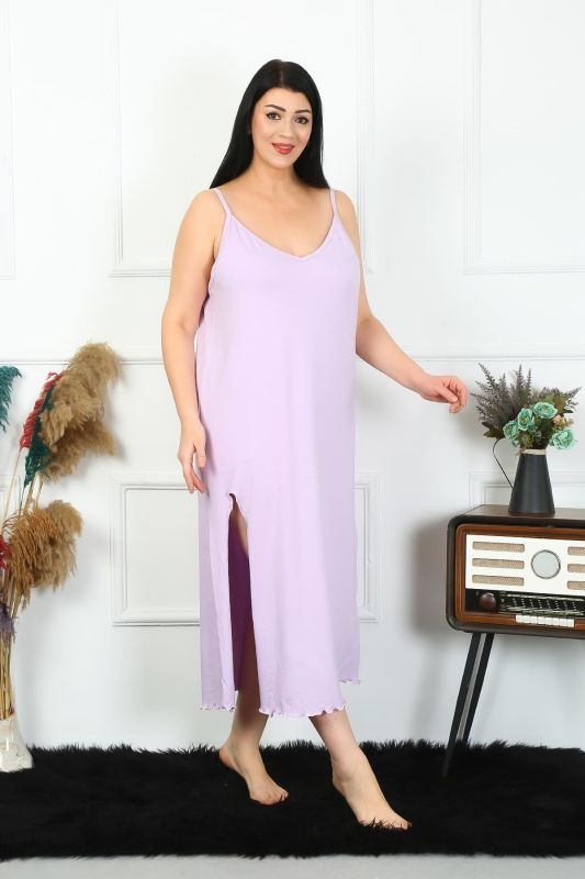 Moda Çizgi Kadın Büyük Beden İp Askılı Pamuklu Lila Uzun Gecelik 12100 - 1
