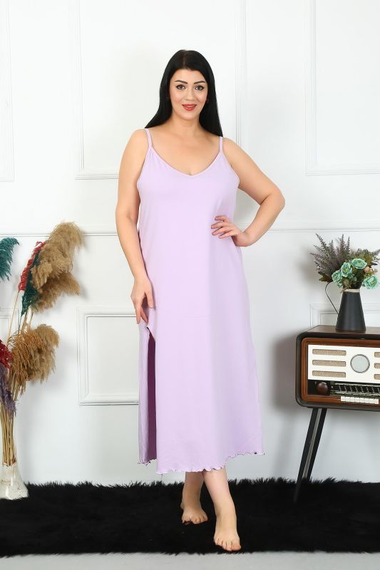 Moda Çizgi Kadın Büyük Beden İp Askılı Pamuklu Lila Uzun Gecelik 12100 - 3