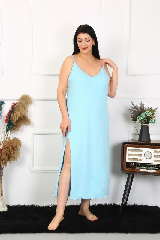 Moda Çizgi Kadın Büyük Beden İp Askılı Pamuklu Mavi Uzun Gecelik 12100 - 1
