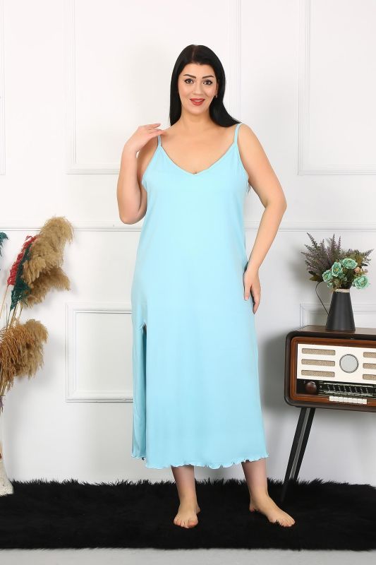 Moda Çizgi Kadın Büyük Beden İp Askılı Pamuklu Mavi Uzun Gecelik 12100 - 4
