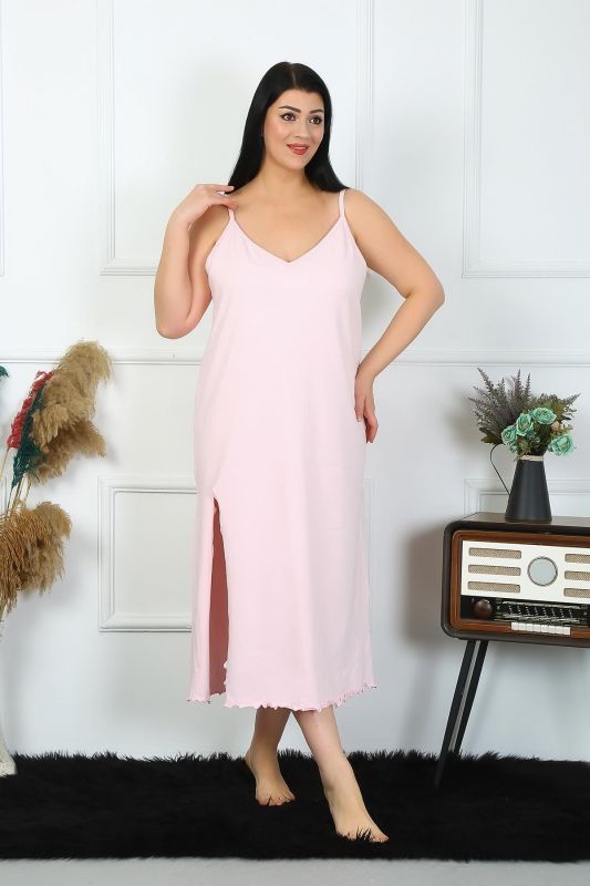 Moda Çizgi Kadın Büyük Beden İp Askılı Pamuklu Pembe Uzun Gecelik 12100 - 1