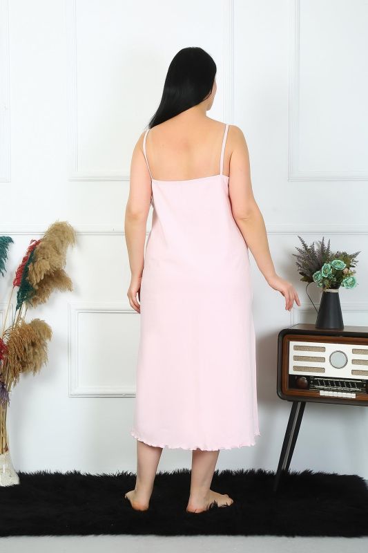 Moda Çizgi Kadın Büyük Beden İp Askılı Pamuklu Pembe Uzun Gecelik 12100 - 2