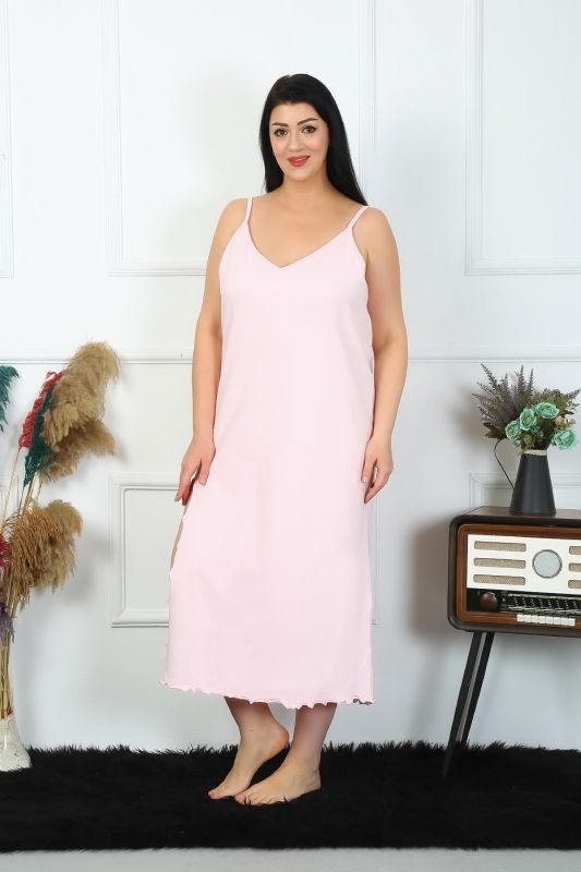Moda Çizgi Kadın Büyük Beden İp Askılı Pamuklu Pembe Uzun Gecelik 12100 - 4
