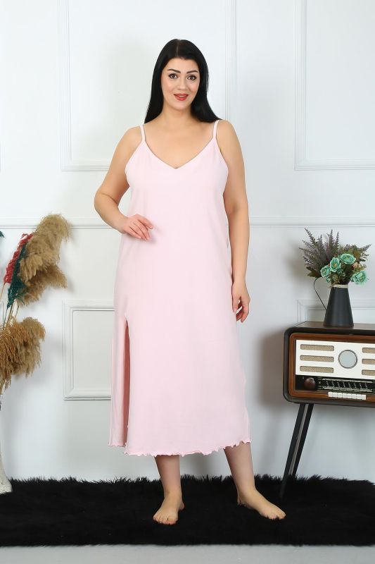 Moda Çizgi Kadın Büyük Beden İp Askılı Pamuklu Pembe Uzun Gecelik 12100 - 5